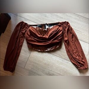 WINDSOR Leather Rust Off-Shoulder Long Chiffon Flowy Sleeve Crop Women’s Top